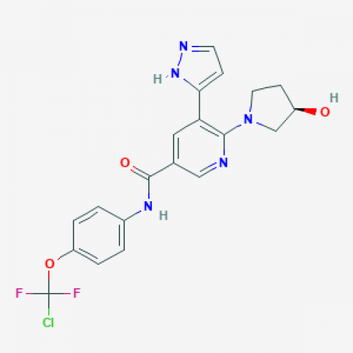 R)-N- (4-(chlorodifluoromethoxy)phenyl)- 6-(3- hydroxypyrrolidin-1- yl)-5- (1H-pyrazol- 5-yl)nicotinamide